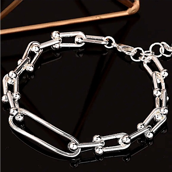 Sterling Silver U Link Horseshoe Chain Link Unisex Paperclip Bracelet - Picture 2 of 10